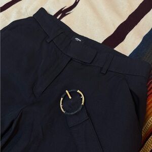 Express Mid-Rise Black Trouser Pants with Gold Circle Belt Buckle